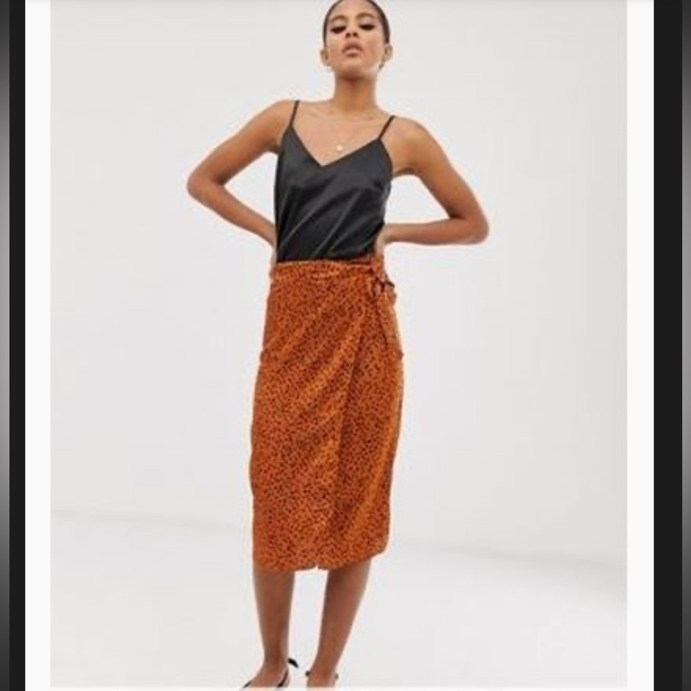 Satin Burnt Orange Polka Dot Midi Wrap skirt